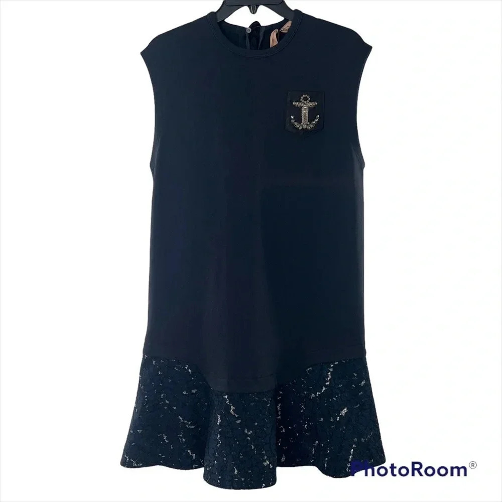 No. 21 By Gilmar Donna Navy Sleeveless Flare Embroidered Lace Dress Size 40 NWT